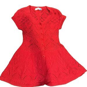 Sparrow- Women’s Short-Sleeve Red Crochet Cardigan With Buttons, Size Large